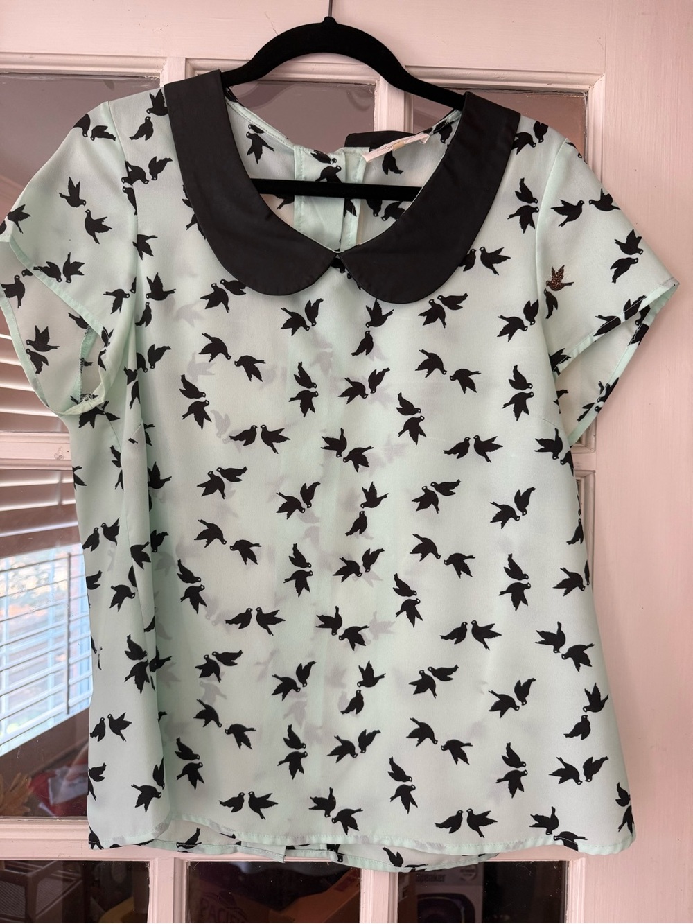 Sugar Mint Green Bird Print Blouse with Black Peter Pan Collar